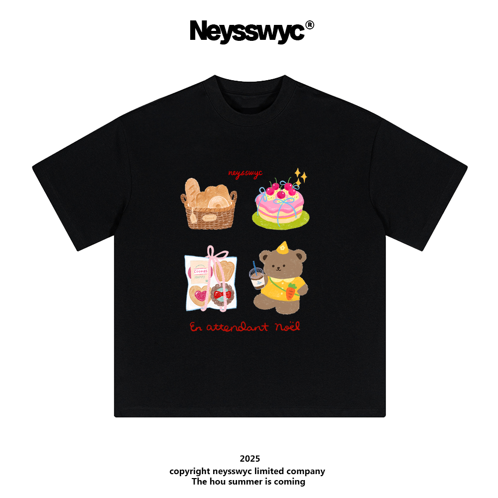 NEYSSWYC 【蛋糕熊】短袖T恤粉可爱风百搭宽松ins圆领印花黑白夏