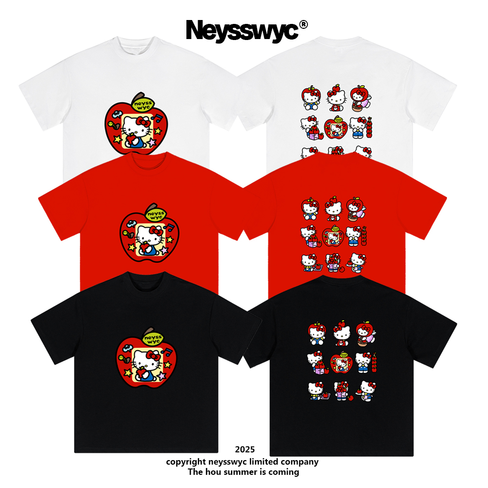 NEYSSWYC 【苹果】红色AB面印花小众夏季卡通短袖T恤宽松新款KT