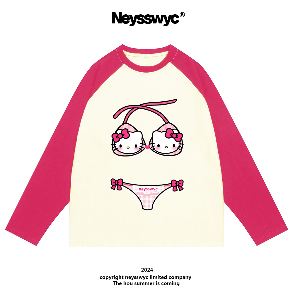 NEYSSWYC 比基尼玫红色卡通可爱KT春秋冬宽松百搭插肩拼接长袖T恤