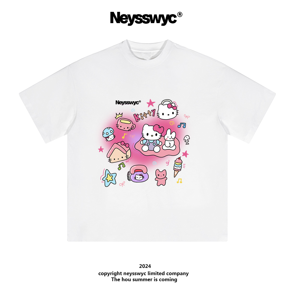 NEYSSWYC 【和小兔】纯色短袖T恤涂鸦猫咪卡通趣味少女宽松KT夏季