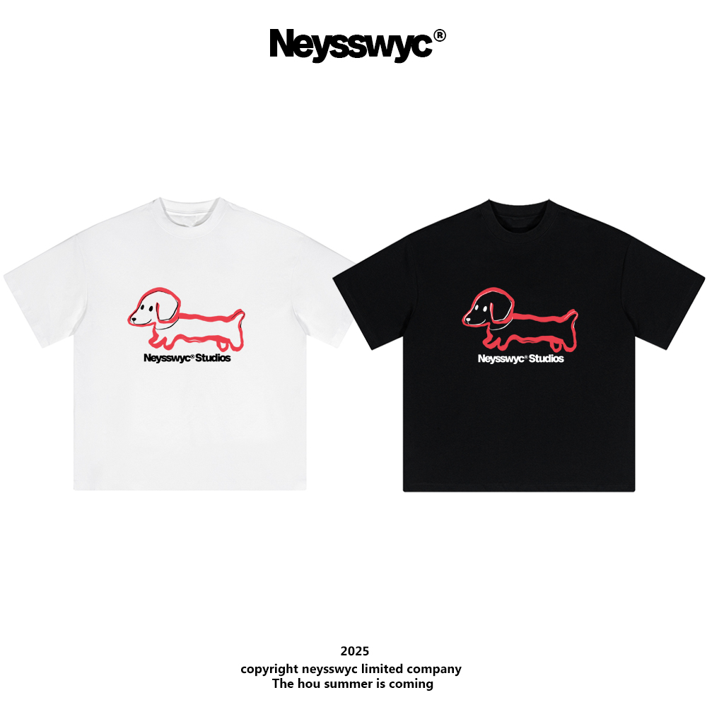 NEYSSWYC  涂鸦腊肠狗卡通T恤美式百搭宽松简约印花黑白夏季短袖