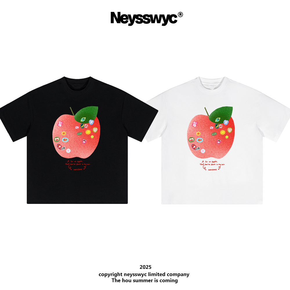 NEYSSWYC  苹果系列美式风复古男女情侣短袖T恤夏宽松黑白色百搭
