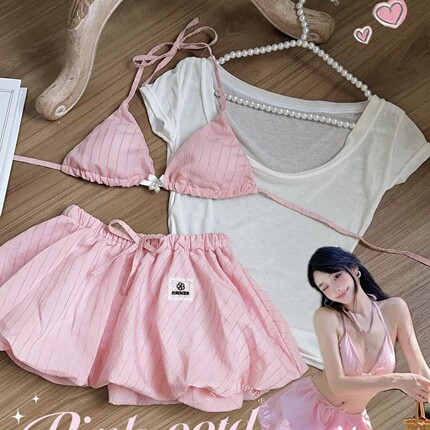 纯欲少女感分体泳衣比基尼四件套海边沙滩度假水上乐园蓬蓬裙泳装