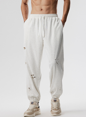 撸铁狼破洞长裤美式灰色运动裤子宽松休闲弹力健身卫裤男士松紧腰