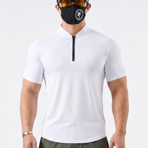 清仓价撸铁狼健身男士立领短袖健身服半拉链T恤跑步运动训练紧身