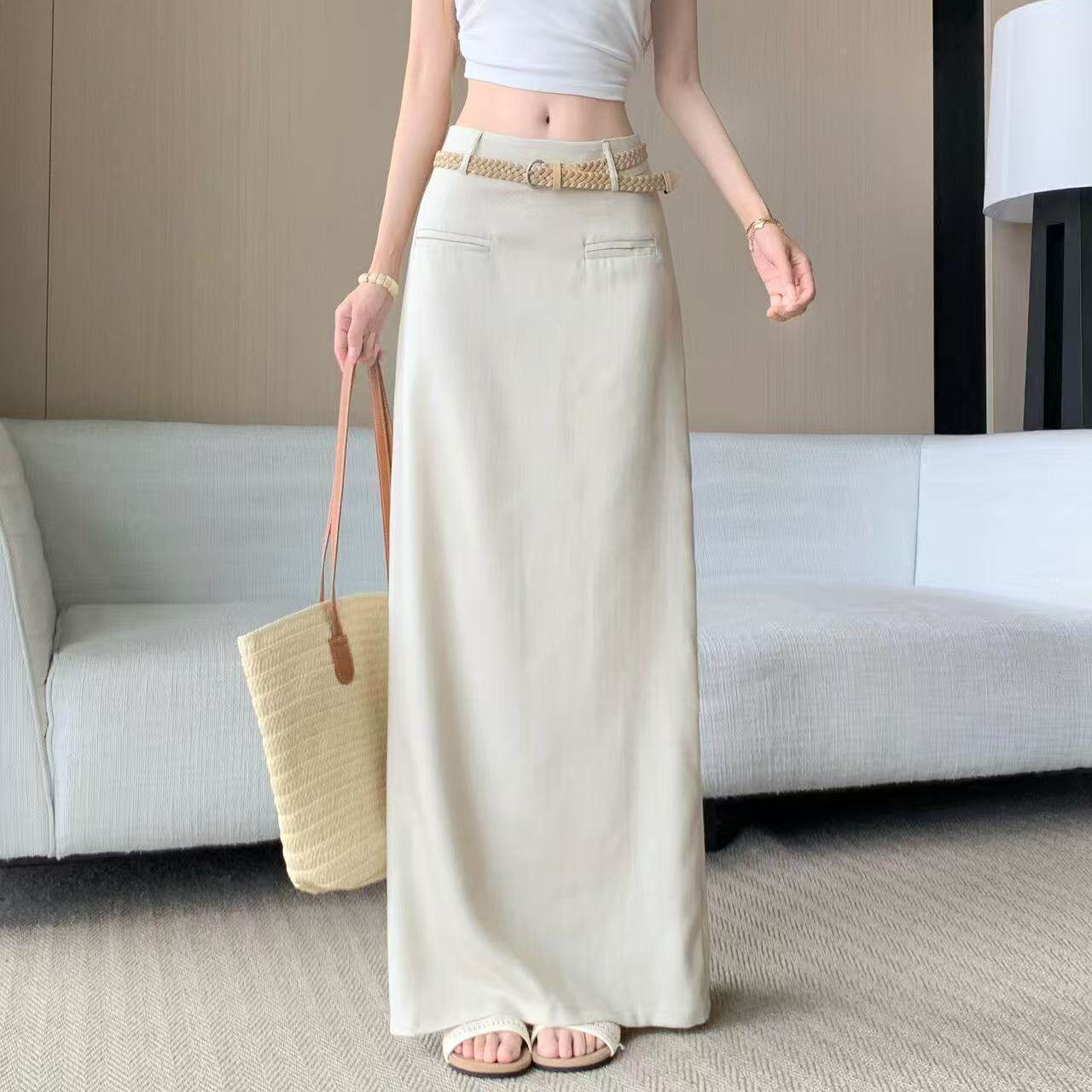 高级感杏色棉麻直筒半身裙女夏季2026新款高腰显瘦修身休闲包臀裙