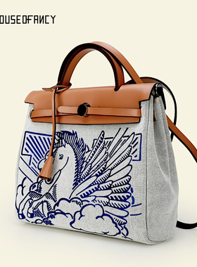 HOUSEOFANCY蓝色飞马手提包女包herbag31cm帆布拼真皮斜挎包716