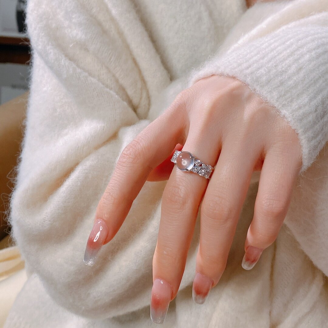 高冰玻璃种水沫玉排钻戒指女纯银