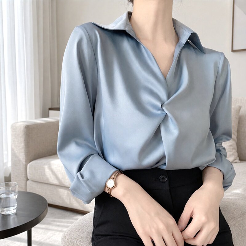 2026新款灰色缎面长袖衬衫女 职业通勤垂坠感气质翻领显瘦上衣