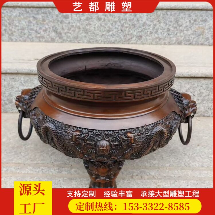 寺庙大型带龙圆香炉铸铜多层铜香雕塑