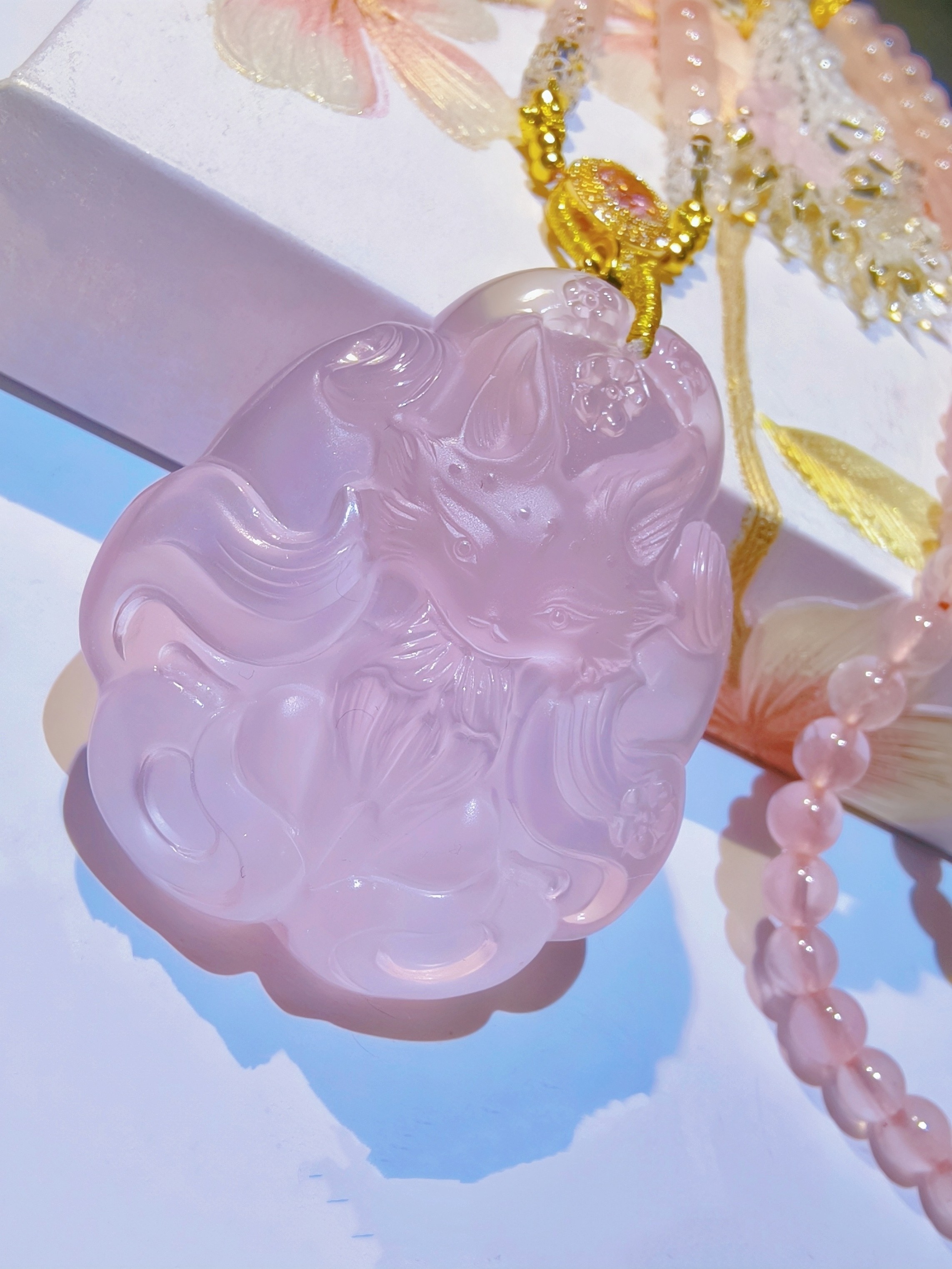新货高货 正品 原矿天然粉水晶九尾狐狸吊坠项链毛衣链饰品水晶