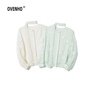 OVENHO文厚 枫林红透立体花朵系带长袖小衫