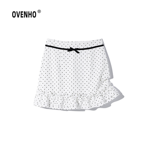 OVENHO文厚 花朝月夕波点花边丝绒蝴蝶结腰环半身裙