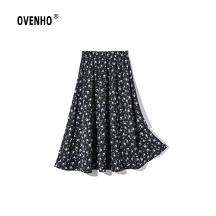 OVENHO文厚 新月娟娟气质简约松紧腰大摆碎花裙
