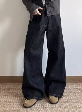 美式老钱风原黑蓝牛赤耳牛仔裤男直筒宽松百搭弯刀阔腿A字休闲裤