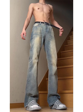 美式高街vibe中高腰提档裤子男高个子复古蓝牛仔裤窄版直筒微喇裤