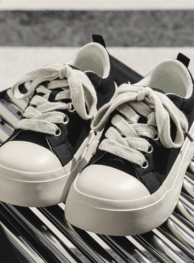 小众厚底5CM增高黑白极简百搭透气帆布鞋男美式大头厚底板鞋X289