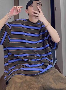 ins美式条纹短袖T恤男夏季2025新款男生宽松青少年日系半袖上衣潮