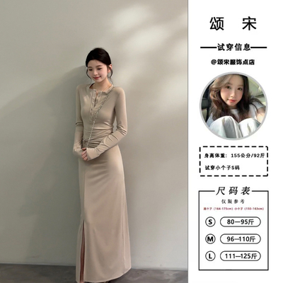 颂宋 秋季开叉直筒裙套头修身高腰显瘦长袖收腰连衣裙长裙DT1535