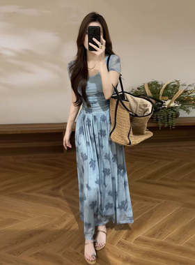 大婷婷 新款新中式枫叶印花收腰夏季显瘦连衣裙短袖女长裙DT2132