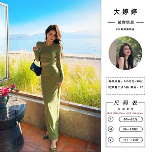 圆领显瘦长款 皱褶复古气质两件套DT1098 法式 大婷婷2025早秋新款