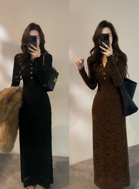 大婷婷 显瘦气质长袖暗纹时尚收腰法式秋冬聚会百搭连衣裙DT1858