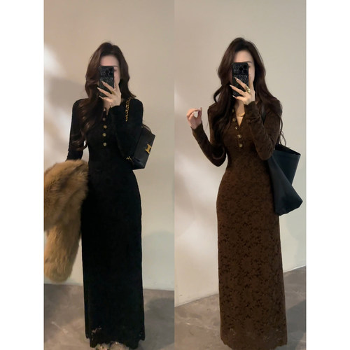 大婷婷 显瘦气质长袖暗纹时尚收腰法式秋冬聚会百搭连衣裙DT1858