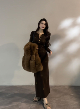 大婷婷 新款高级感烫钻复古纽扣长袖连衣裙长裙直筒裙DT1875