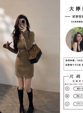 大婷婷 新款V领假口袋短裙设计感时髦显瘦秋冬女装连衣裙DT1710