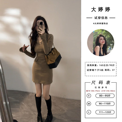 大婷婷 新款V领假口袋短裙设计感时髦显瘦秋冬女装连衣裙DT1710