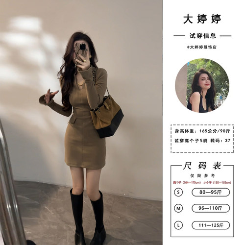 大婷婷 新款V领假口袋短裙设计感时髦显瘦秋冬女装连衣裙DT1710