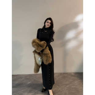 大婷婷 黑色连衣裙长裙收腰显瘦DT1862 高领设计感气质长袖