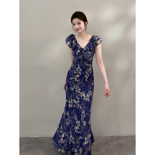 颂宋 夏季新款法式浪漫风碎花显瘦海边度假长裙时尚连衣裙DT1992