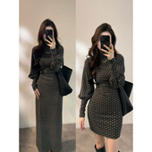 大婷婷 连衣裙DT1870 裙子灯笼袖 显瘦法式 秋冬半高领V领收腰长袖