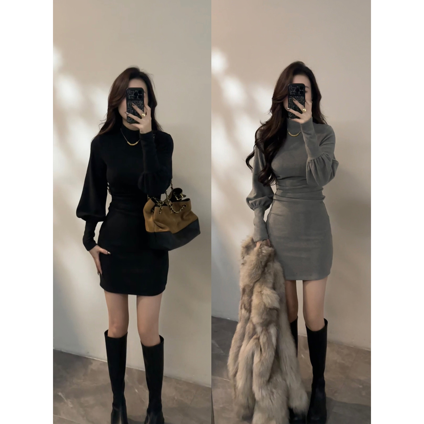 复古冬季灯笼袖半高领连衣裙