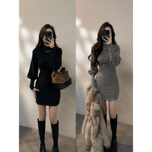 大婷婷 复古冬季灯笼袖半高领连衣裙秋冬裙子褶皱收腰短裙DT1809