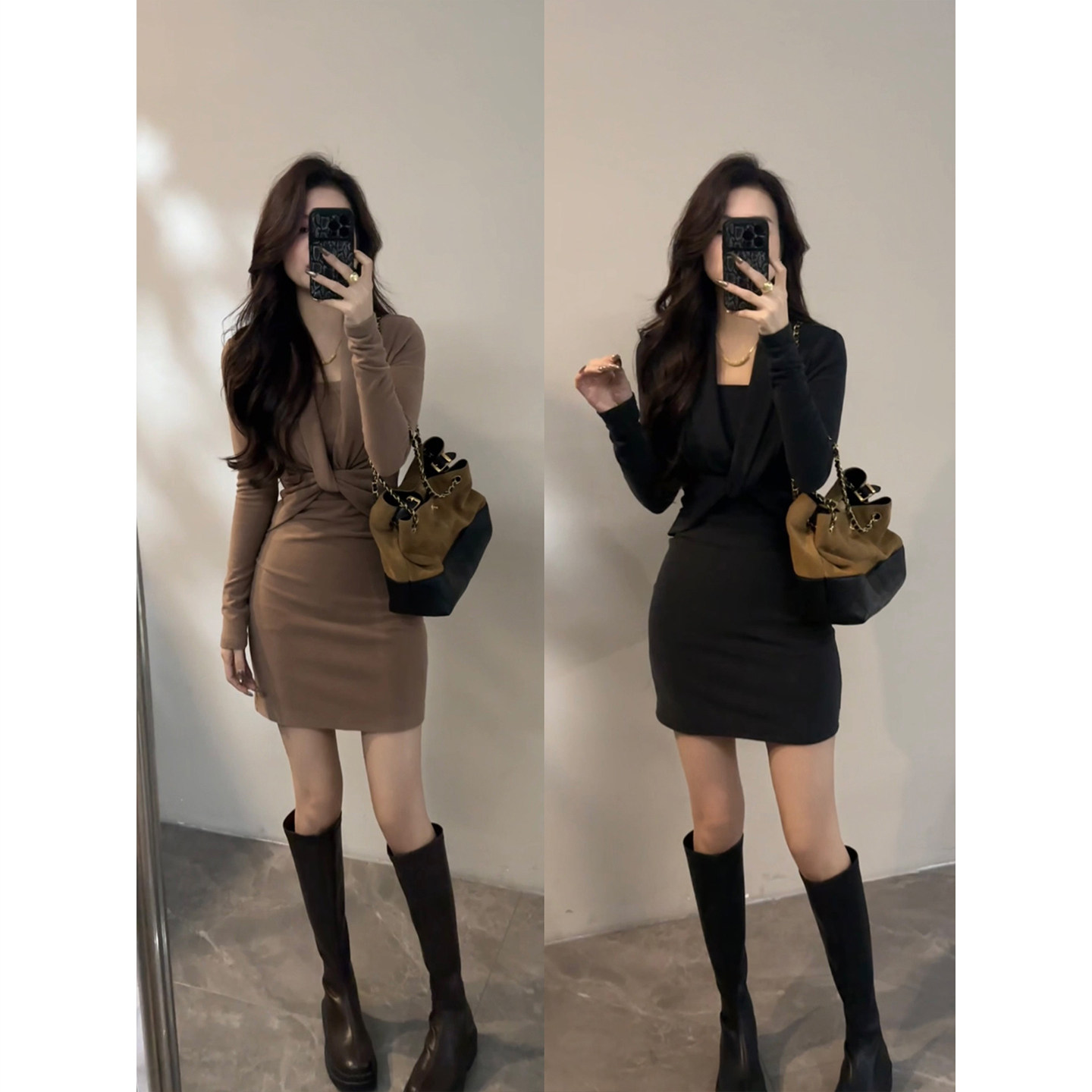 V领长袖扭结设计秋冬连衣裙