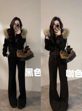 大婷婷 毛毛衣领加绒保暖外套冬季新款时尚显瘦阔腿裤套装DT1773