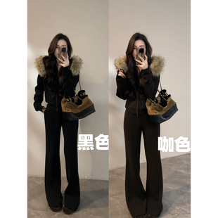 毛毛衣领加绒保暖外套冬季 套装 新款 显瘦阔腿裤 DT1773 时尚 大婷婷