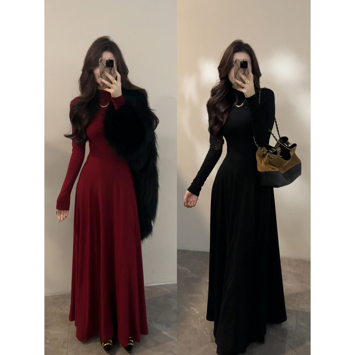 大婷婷 加绒半高领长袖秋冬气质显瘦纸片人内搭打底长裙DT1782