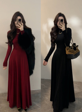 大婷婷 加绒半高领长袖秋冬气质显瘦纸片人内搭打底长裙DT1782