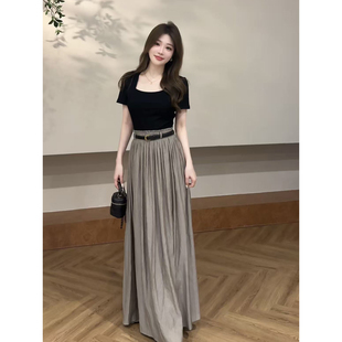 宥妍 简约慵懒风连衣裙假两件短袖高腰褶皱大摆长裙送腰带DT2377