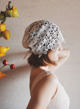 白色花朵蕾丝包头帽女钩花镂空大头围百搭韩版文艺风旅游头巾帽子