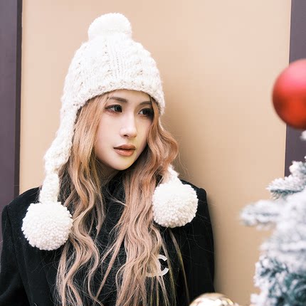 针织毛球护耳帽女冬季可爱百搭显脸小保暖帽子韩版套头帽圆顶可爱