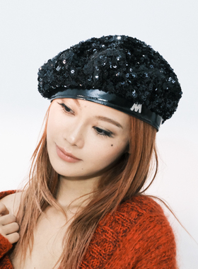明星同款黑色亮片皮边贝雷帽女秋冬新款小众大头围显脸小画家帽