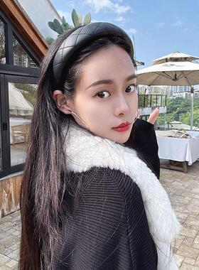 小香风菱形皮质发箍高颅顶气质发卡纯黑色压发咖色宽边复古头箍