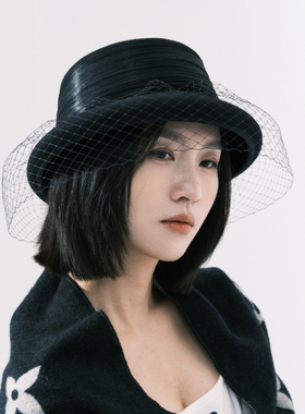黑色羊毛呢礼帽女秋冬复古网纱面纱渔夫帽大檐盆帽新款高级感帽子