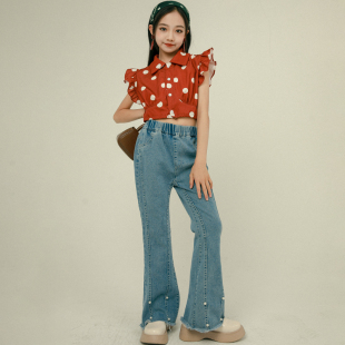 女童护花使者舞蹈表演幼儿园儿童复古港风演出服装衬衫牛仔裤套装