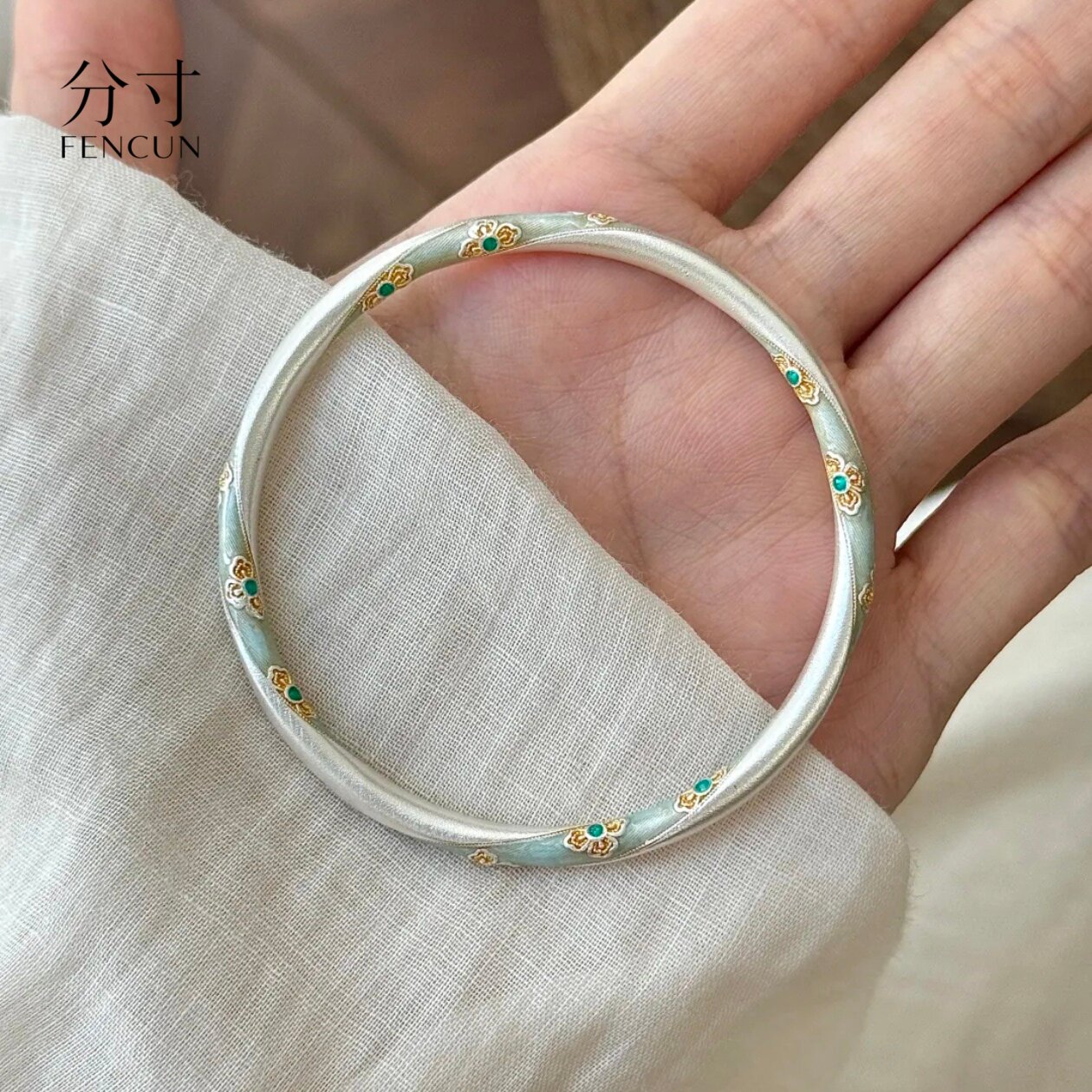 足银9999珐琅彩纯银手镯女新中式国风复古宝相花银镯子送女友礼物
