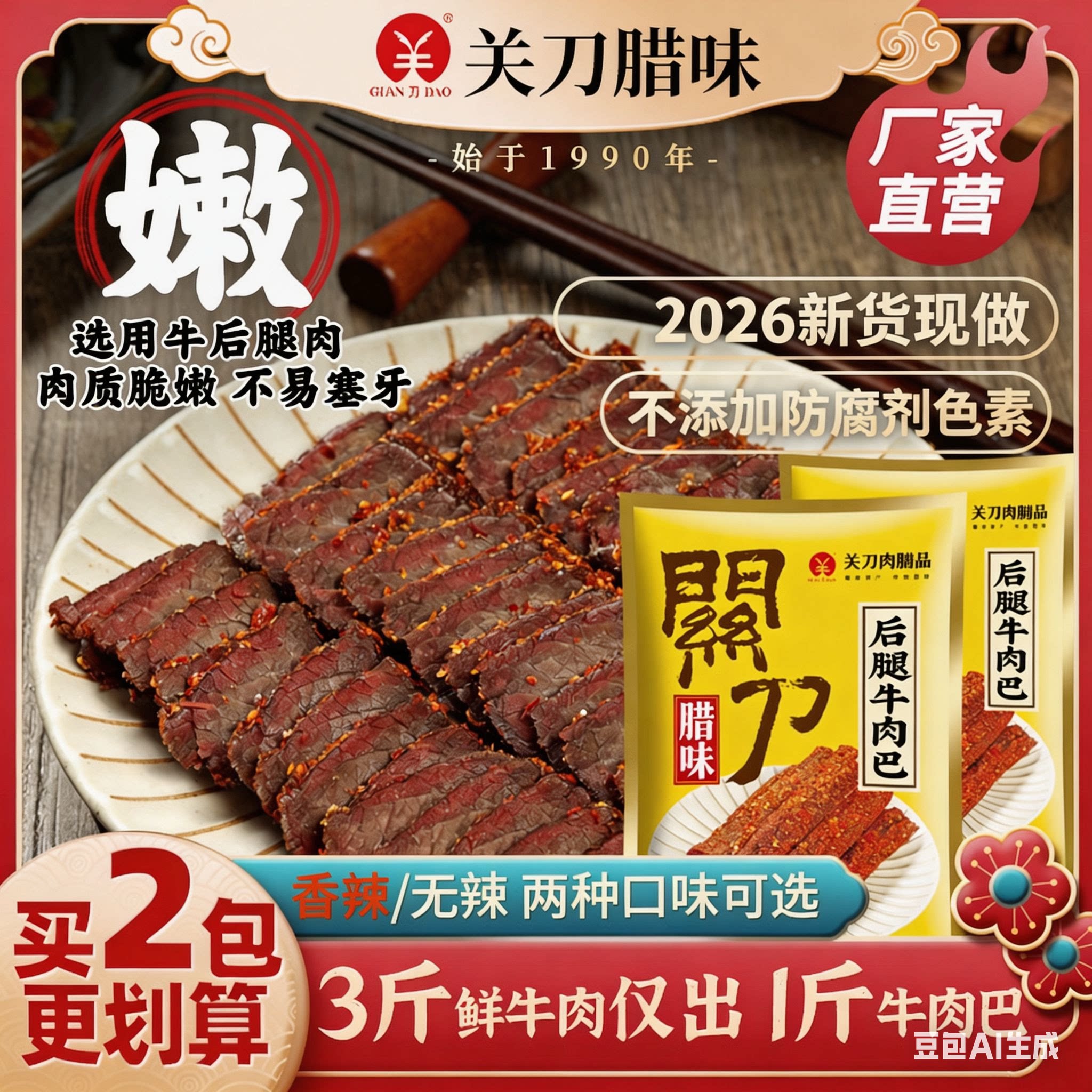 正宗关刀牌后腿牛肉干江西赣南特产腊牛肉香辣风干牛肉巴300g无添